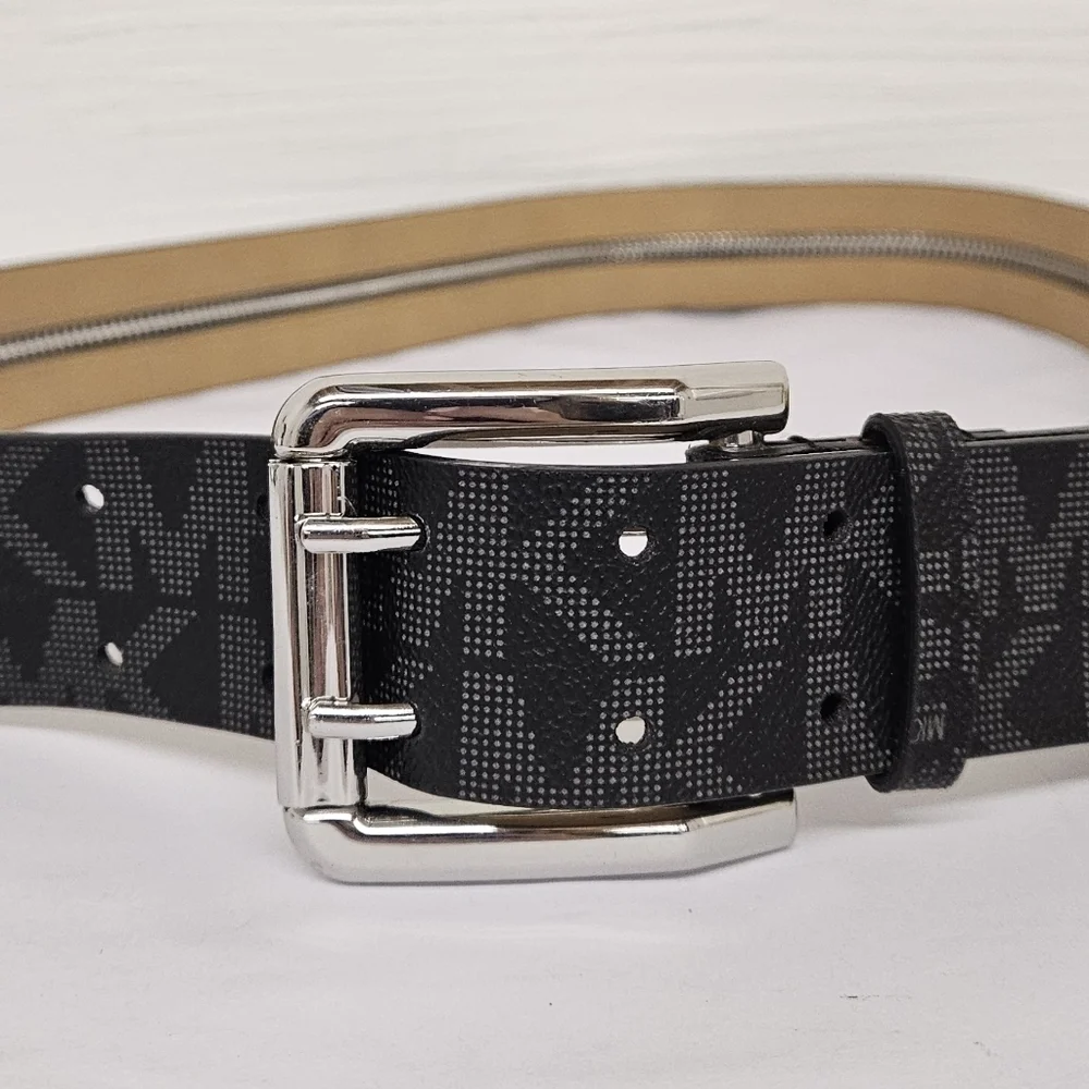 MICHAEL Michael Kors Black Monogram Zippered Belt Silver Tone Buckle Size Large